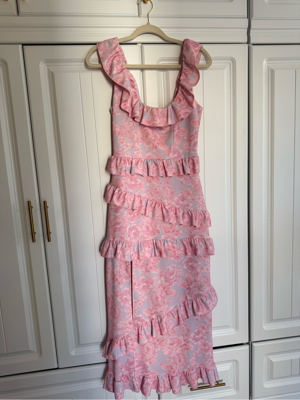 Show Me Your MuMu Pink Floral Ruffle Midi Dress